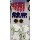 A QUANTITY OF CRANBERRY GLASSES, BLUE GLASS POTS, VINTAGE PLATES, ETC