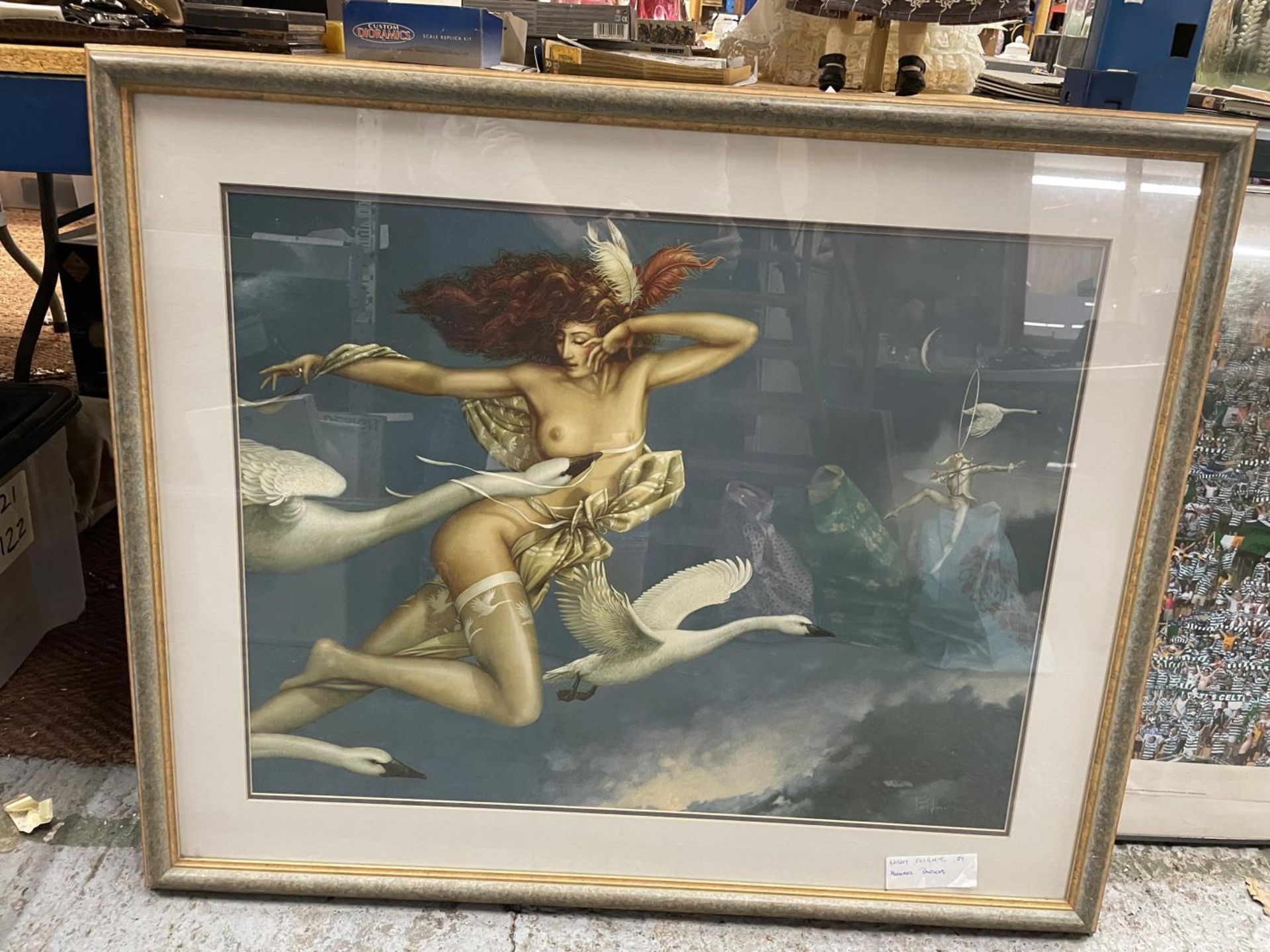 A LARGE FRAMED PRINT - 'NIGHT FLIGHT' BY MICHAEL PARKS, 76CM X 94CM