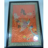 A FRAMED ORIENTAL SILK EMBROIDERY OF PEACOCKS, 62 X 42CM