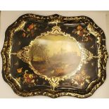 A LARGE VINTAGE METAL TRAY DEPICTING WINDSOR CASTLE FROM THE SOUTH WEST 56CM X 44CM