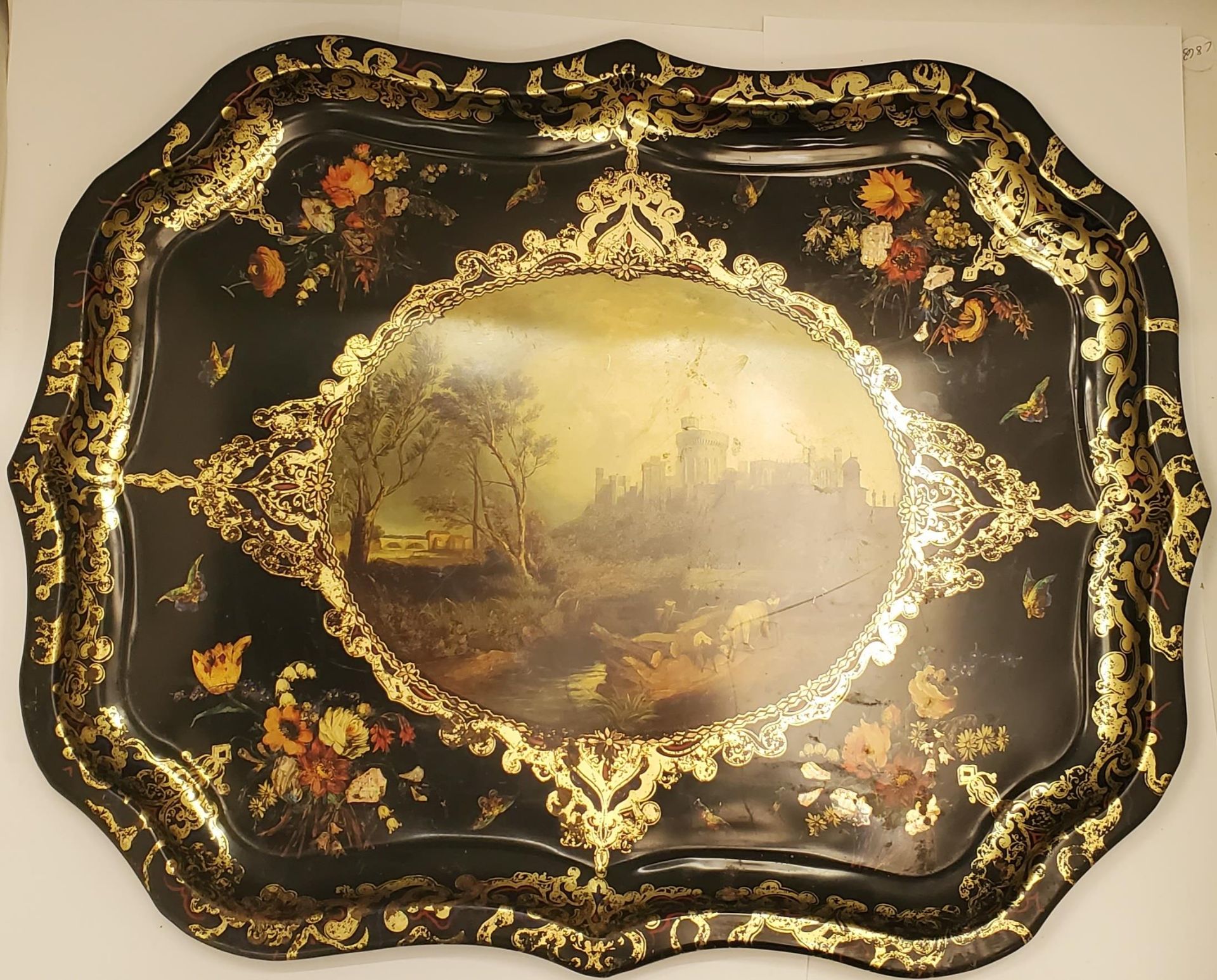 A LARGE VINTAGE METAL TRAY DEPICTING WINDSOR CASTLE FROM THE SOUTH WEST 56CM X 44CM