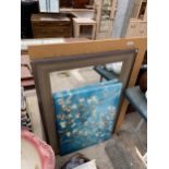 A WOODEN FRAMED MIRROR TOGETHER WITH JAPANESE BLOSSOM CANVAS AND FURTHER FRAMED PICTURE