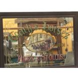 A LARGE VINTAGE WOODEN FRAMED COACH AND HORSES PUB MIRROR, 68.5CM X 93.5CM