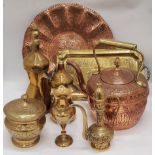 A QUANTITY OF BRASSWARE TO INCLUDE ASIAN STYLE COFFEE POTS, A LARGE COPPER AND BRASS KETTLE,