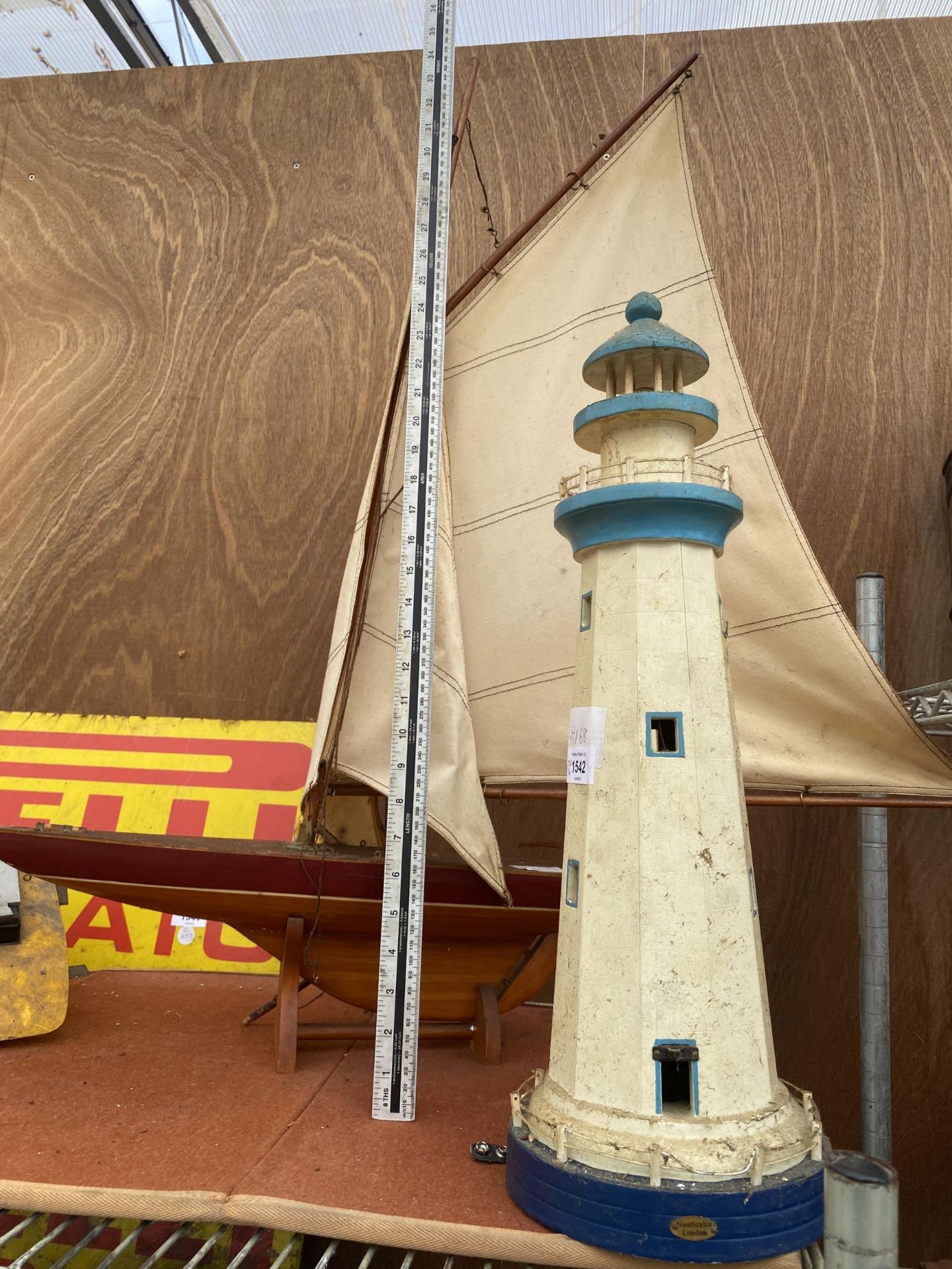 TWO ITEMS - MODEL LIGHTHOUSE AND VINTAGE WOODEN SAILING POND YACHT MODEL - Image 4 of 4