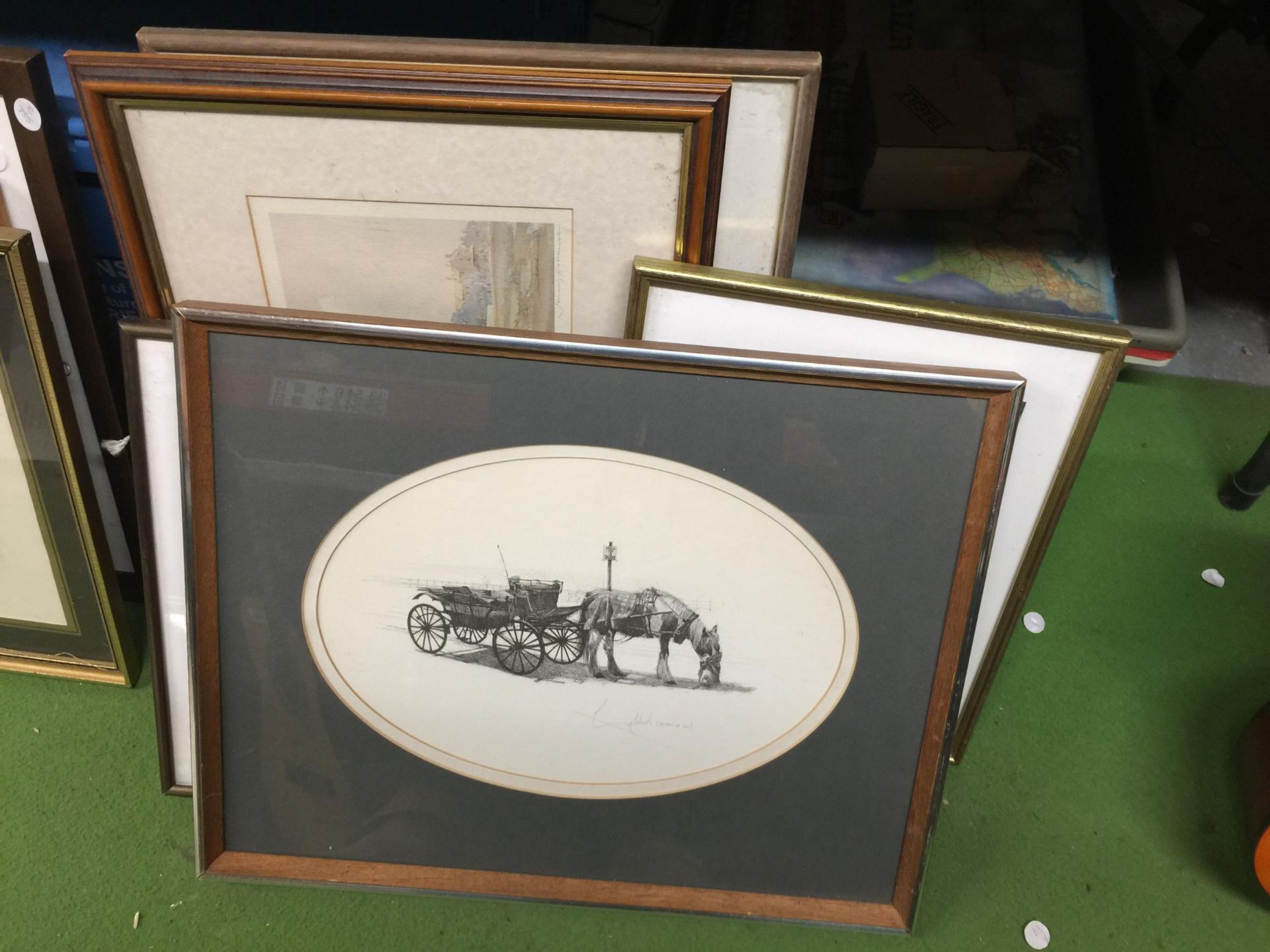 A GROUP OF FRAMED PRINTS TO INCLUDE GELDART PENCIL SIGNED HORSE AND CART, VAN GOGH PRINT ETC