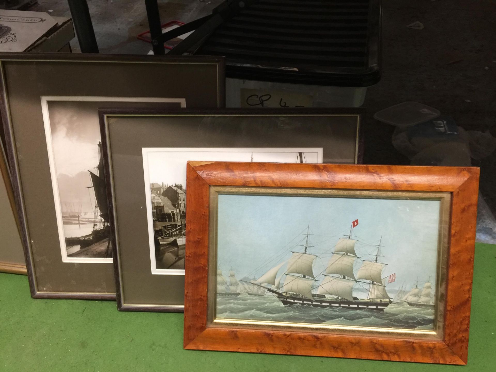 THREE FRAMED PRINTS - BLACK AND WHITE BOAT SCENES AND MARITIME EXAMPLE