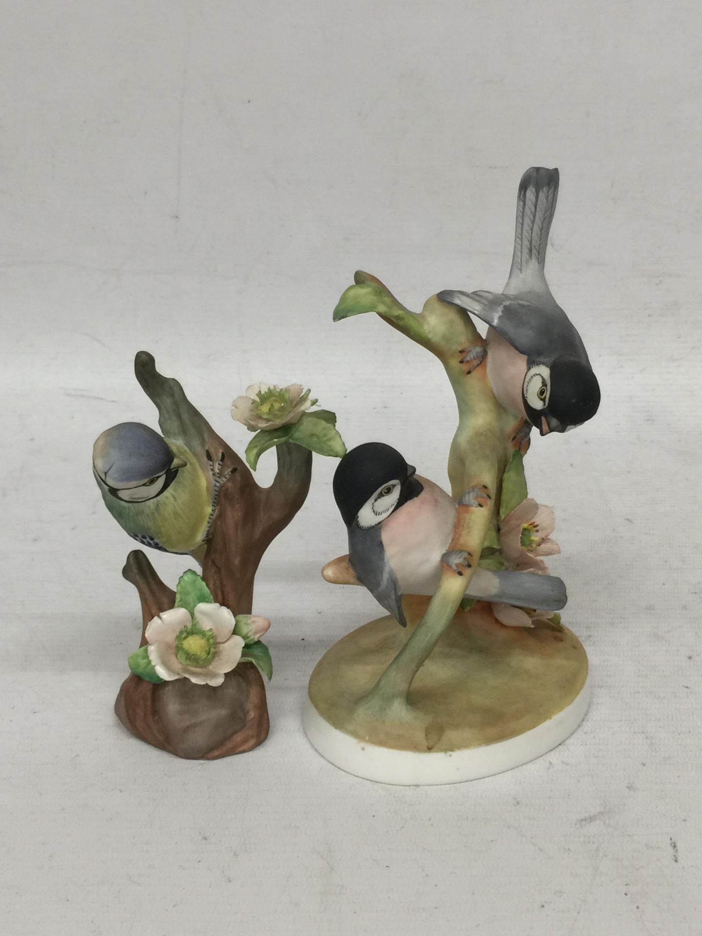 TWO CROWN STAFFORDSHIRE BIRD FIGURES INCLUDING A BLUE TIT SIGNED J.BROMLEY