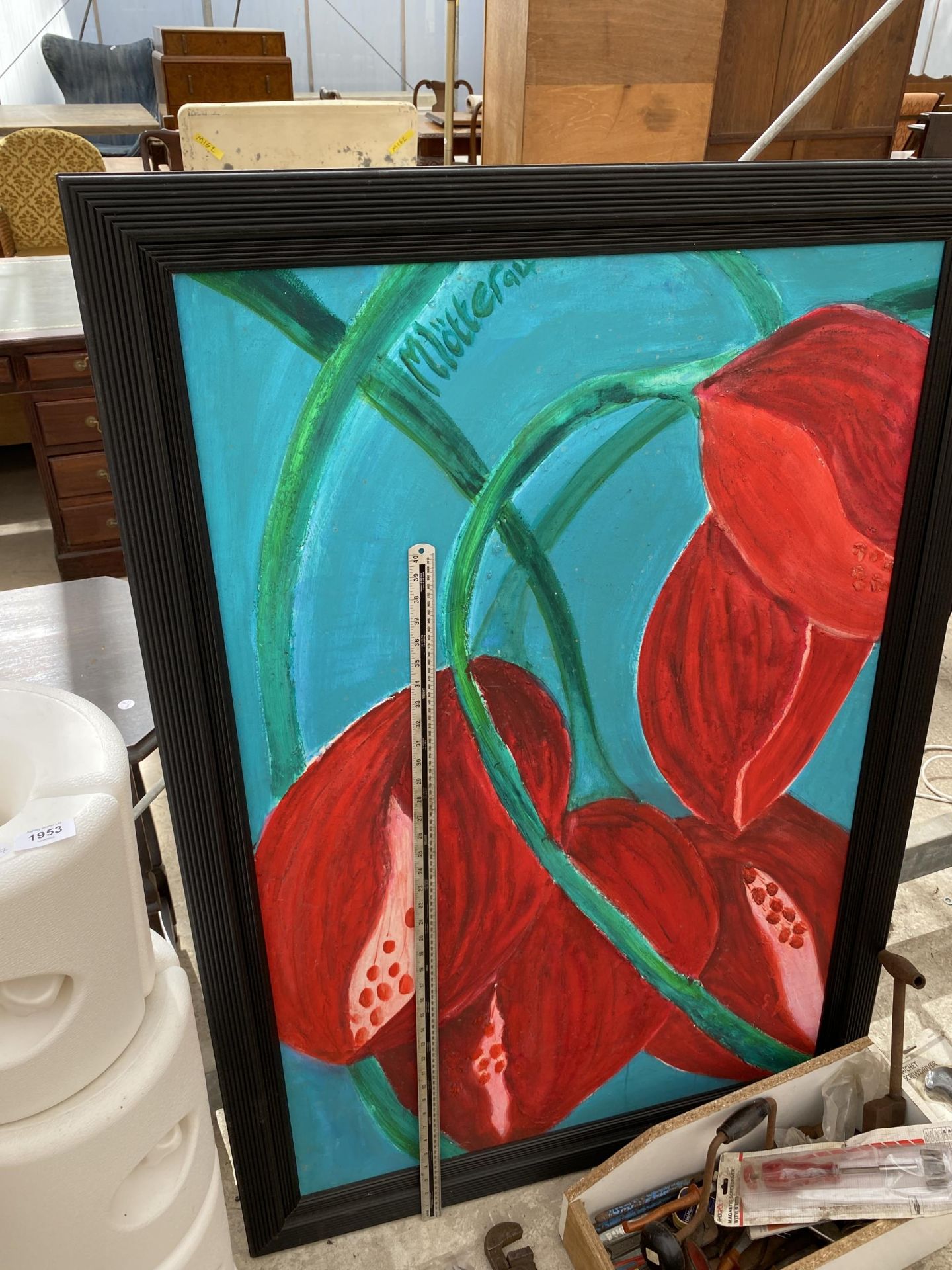 A LARGE ABSTRACT VIBRANT FLORAL OIL PAINTING, SIGNED MATTER, '94 - Bild 2 aus 2