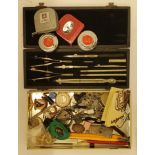 A VINTAGE DRAWING SET, COMPLETE IN CASE, TAPE MEASURES, PLUS A BOX CONTAINING COLLECTABLES