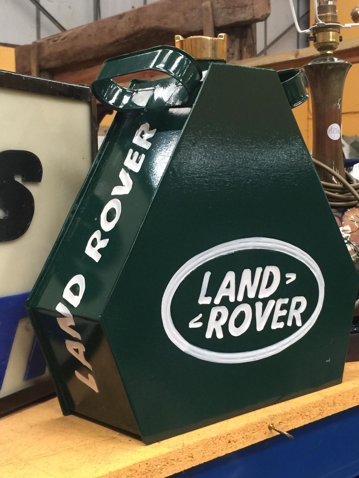 A GREEN METAL LAND ROVER PETROL CAN WITH BRASS TOP - Image 2 of 3