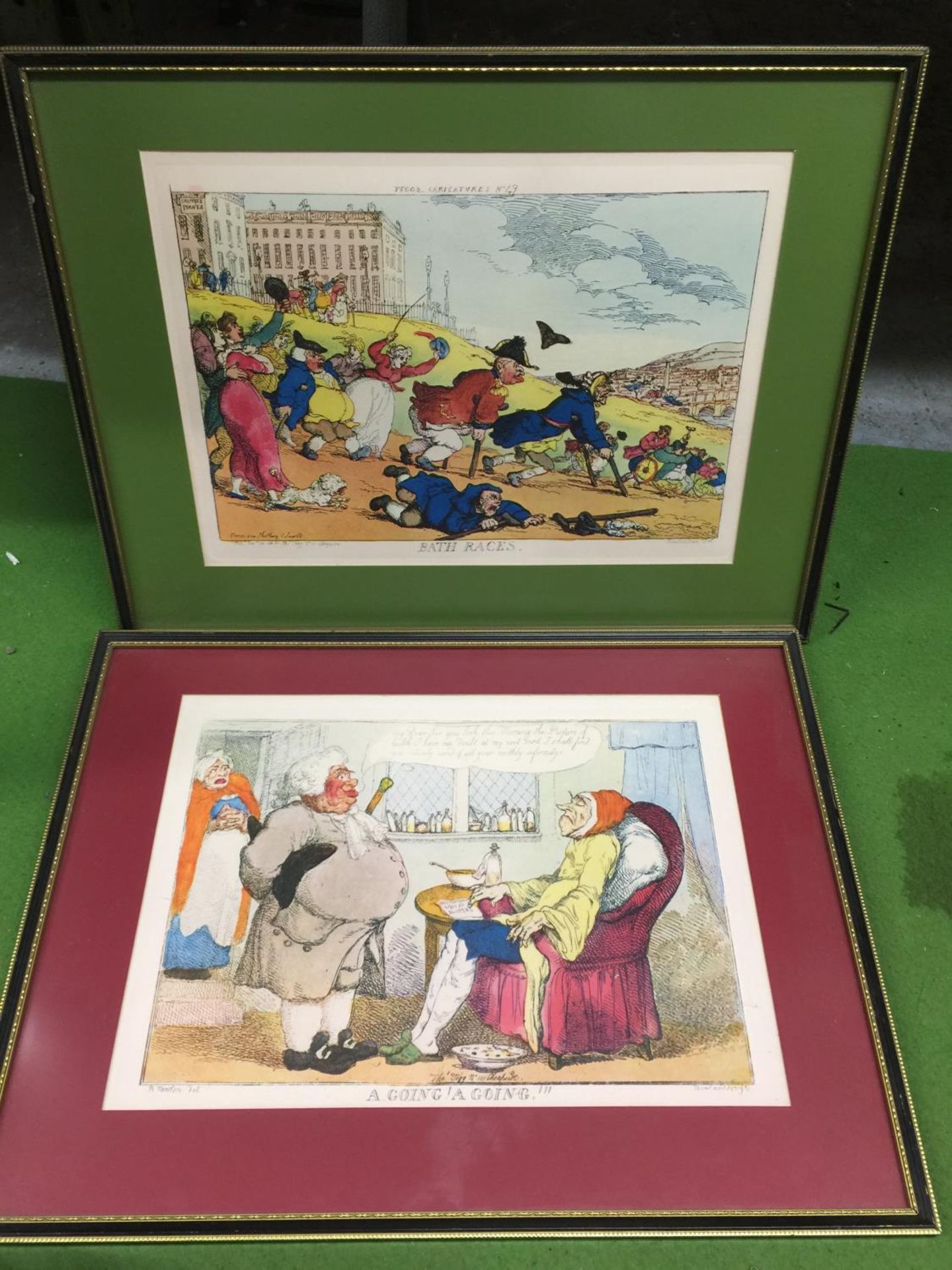 TWO VINTAGE FRAMED CARICATURE CARTOONS, 'BATH RACES' AND 'A GOING! A GOING!'