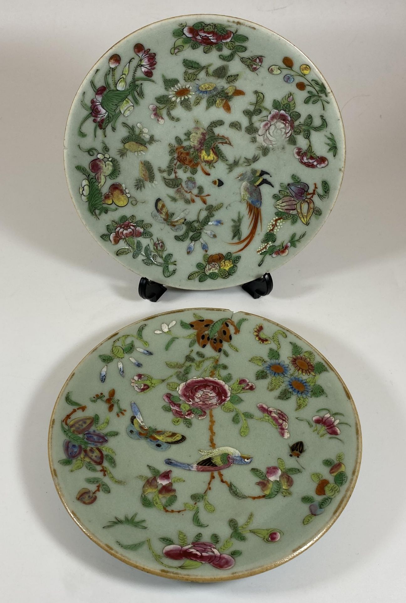 A PAIR OF 19TH CENTURY QING CHINESE CELADON GROUND BIRD AND FLORAL DESIGN PLATES, DIAMETER 18CM