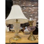 TWO BRASS AND GLASS TABLE LAMPS ONE WITH A SHADE