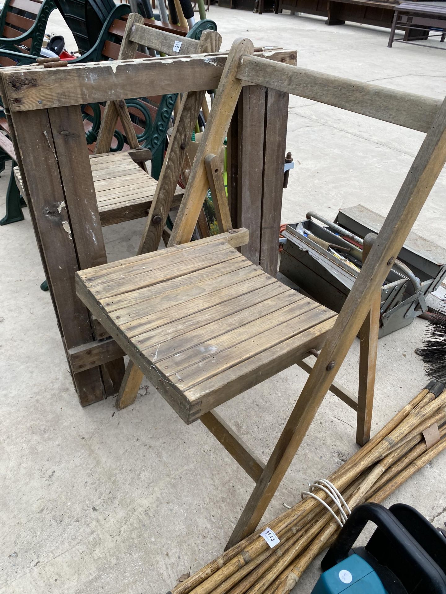 TWO VINTAGE WOODEN FOLDING CHAIRS AND A TRESTLE - Image 2 of 2