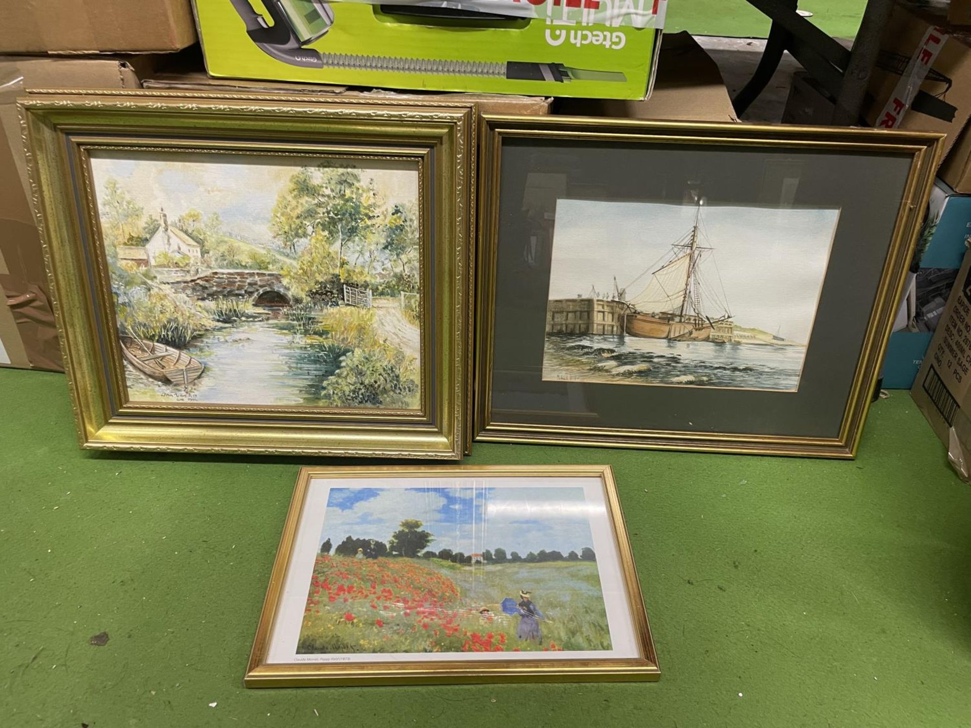 AN OIL ON CANVAS OF A RIVER AND BRIDGE, A WATERCOLOUR OF A SHIP SIGNED MICHAEL HOPE PLUS A PRINT