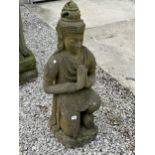 A LARGE RECONSTITUTED STONE BUDDHIST DIETY FIGURE - HEIGHT 108 CM, DEPTH 42 CM