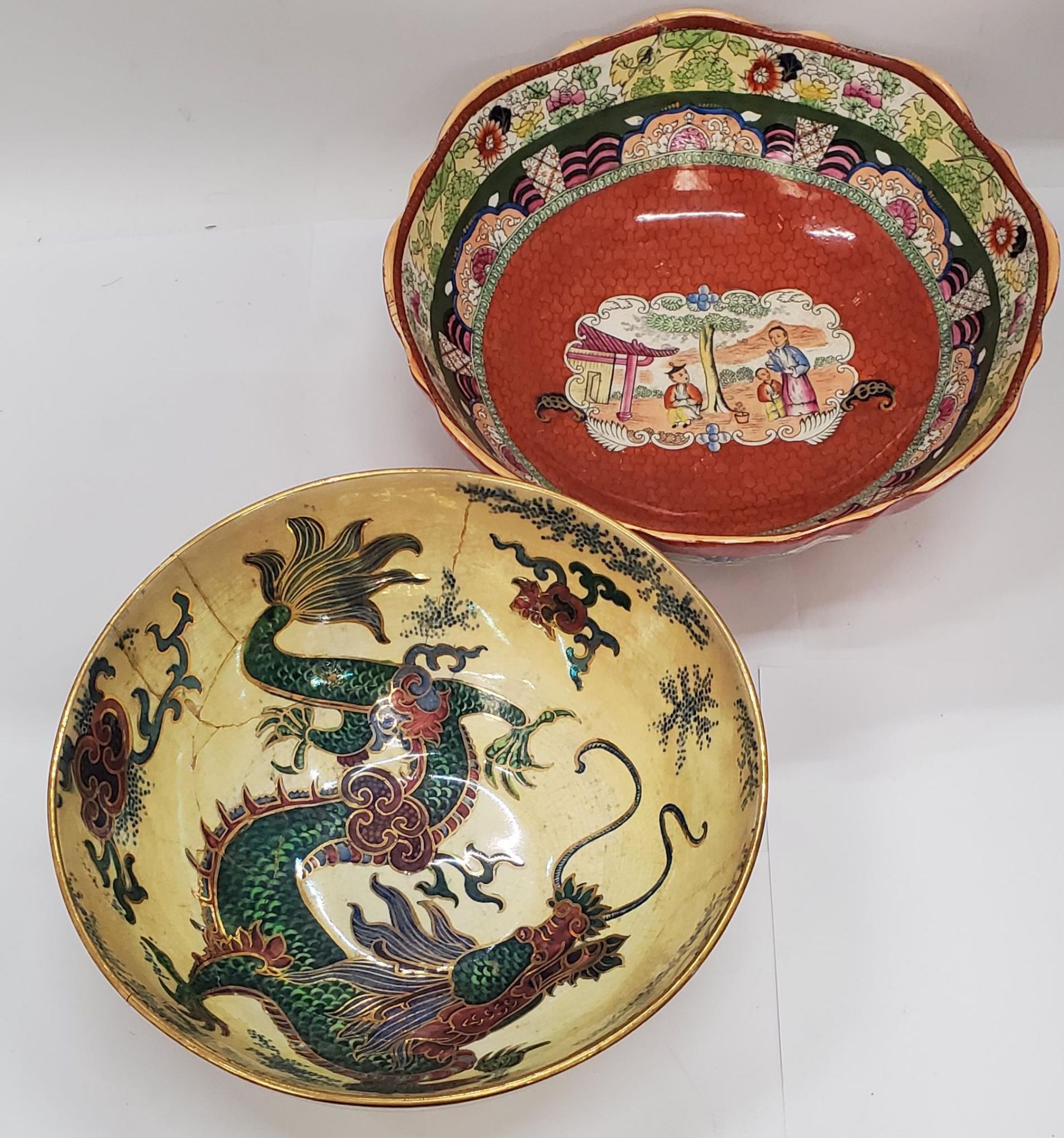 TWO LARGE BOWLS TO INCLUDE A MASON'S ORIENTAL PATTERNED AND A BURSLEY WARE 'DRAGON' - BOTH A/F