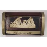 A VINTAGE MAHOGANY AND METAL SNUFF BOX WITH AN INLAID IMAGE OF 'LA BISONTINE' SHIP