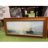 A FRAMED PRINT OF A RIVER SCENE WITH BOATS 39CM X 80CM