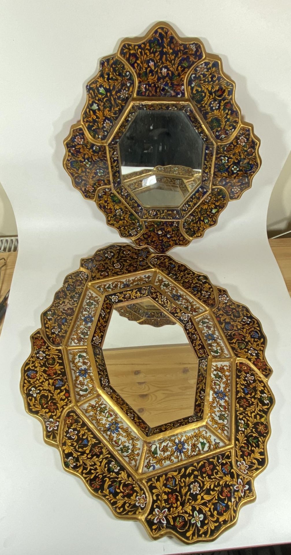 TWO MIDDLE EASTERN STYLE DECORATIVE PANELLED MIRRORS, LARGEST 59 X 46CM
