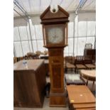 A 19TH CENTURY STYLE WALNUT AND INLAID LONGCASE CLOCK WITH PAINTED DIAL