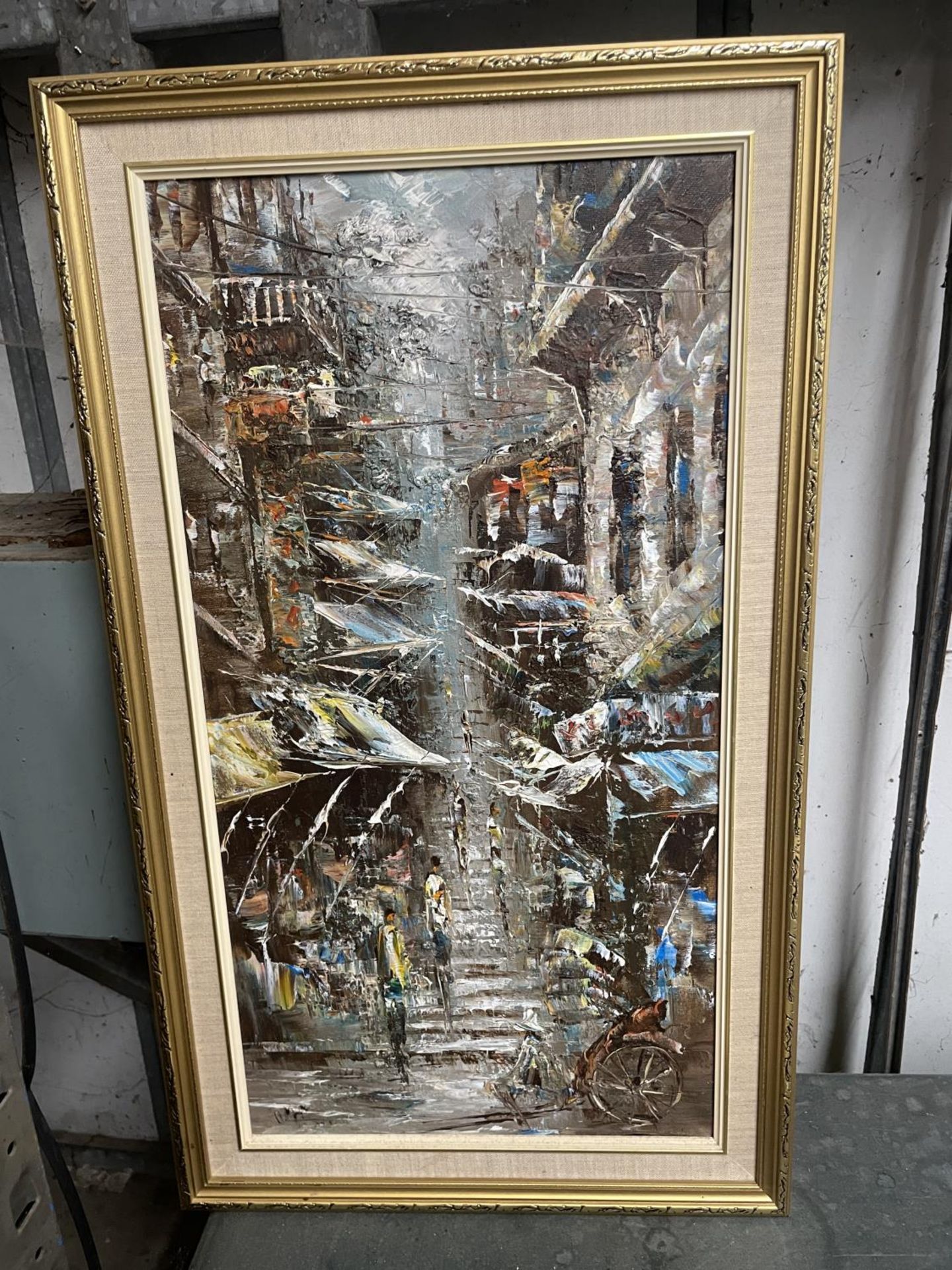 AN OIL ON CANVAS OF STREET SCENE, TWO SMALL OILS ON BOARD OF RIVER SCENES AND TWO FRAMED 'THE - Image 4 of 4