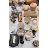 A LARGE MIXED LOT TO INCLUDE GLASSWARE, A VINTAGE BLOOD PRESSURE KIT, SILVER PLATED ITEMS,