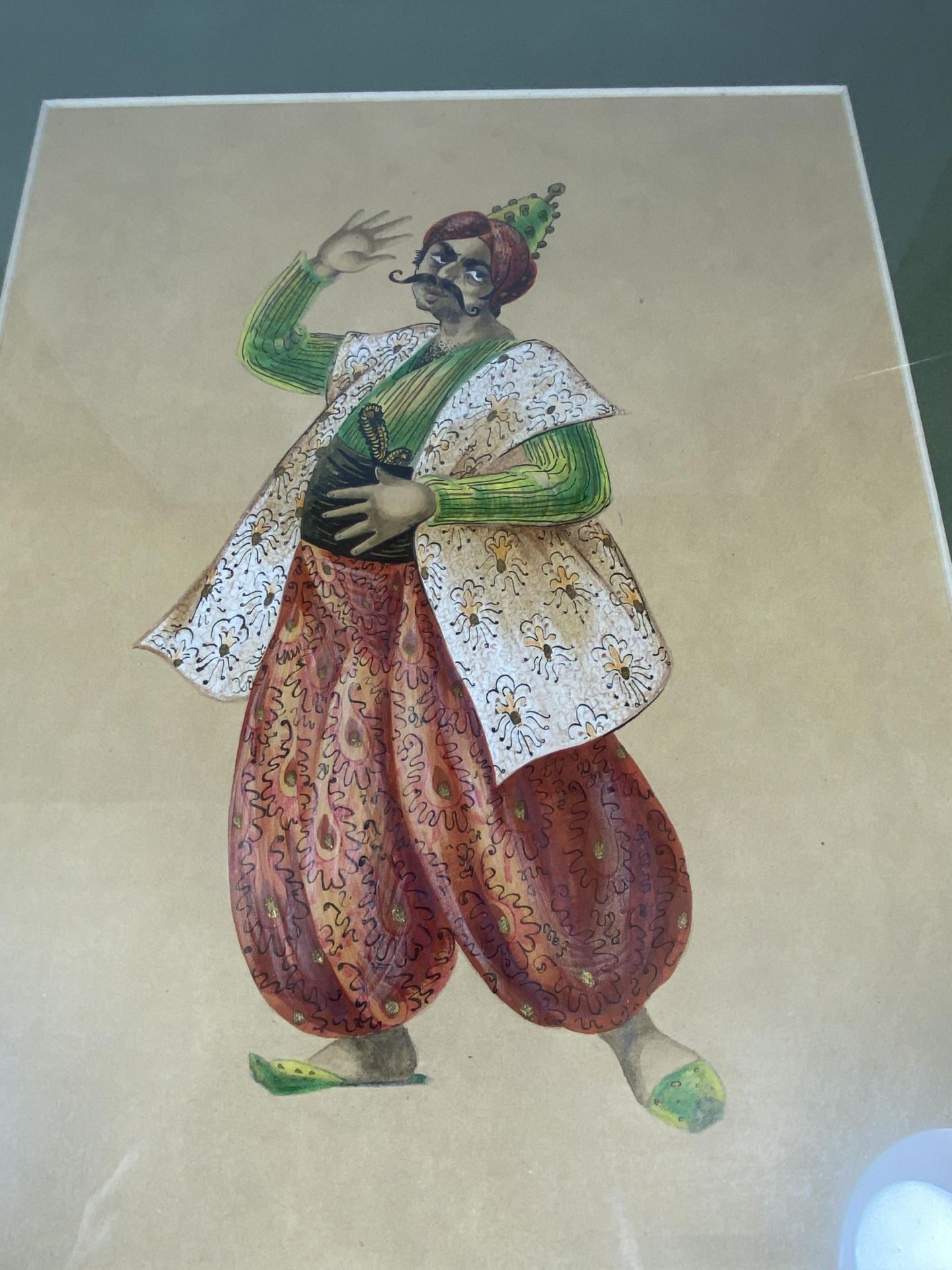 A GILT FRAMED WATERCOLOUR OF A MAN, LABEL TO REVERSE 'MOZART: II SERAGLIO, OSARUN, KEEPER OF THE - Image 2 of 6