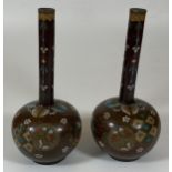 A PAIR OF JAPANESE MEIJI PERIOD (1868-1912) BUTTERFLY AND FLORAL DESIGN CLOISONNE BOTTLE VASES,