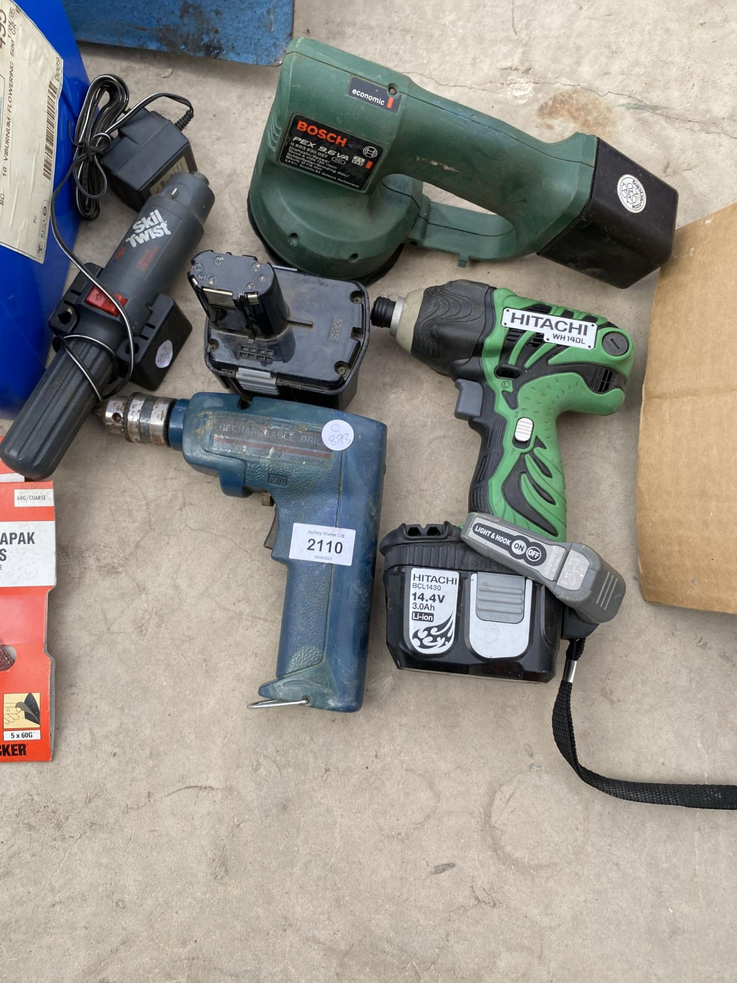 FOUR POWER TOOLS TO INCLUDE AN HITACHI DRILL, BOSCH SANDER, ETC