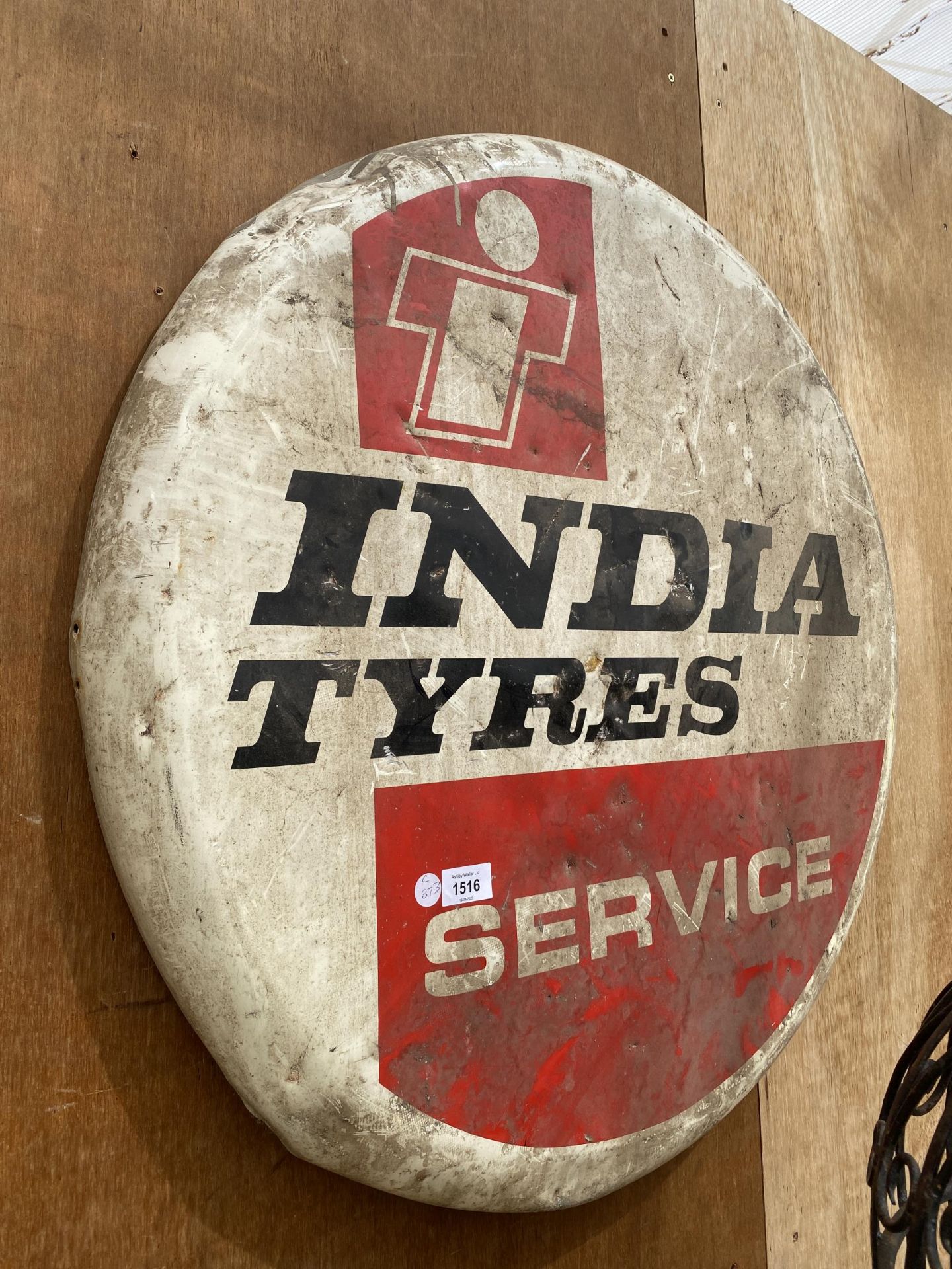 A METAL, BELIEVED ORIGINAL, INDIA TYRES SERVICE CIRCULAR SIGN, DIAMETER 75CM