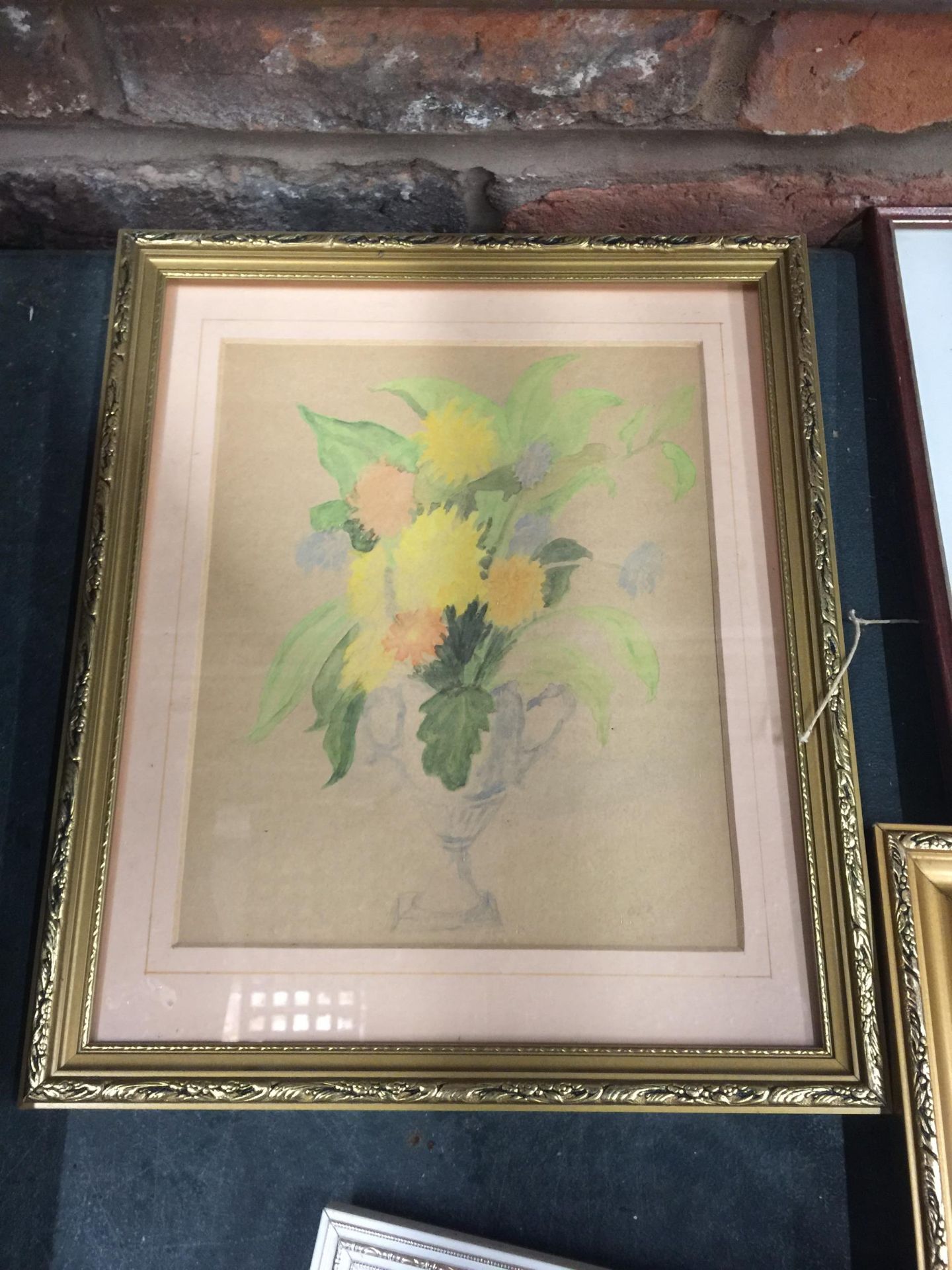 A GILT FRAMED TAPESTRY OF A WINDMILL, FURTHER GILT FRAMED FLORAL PRINT, STORK WATERCOLOUR ETC - Image 4 of 5
