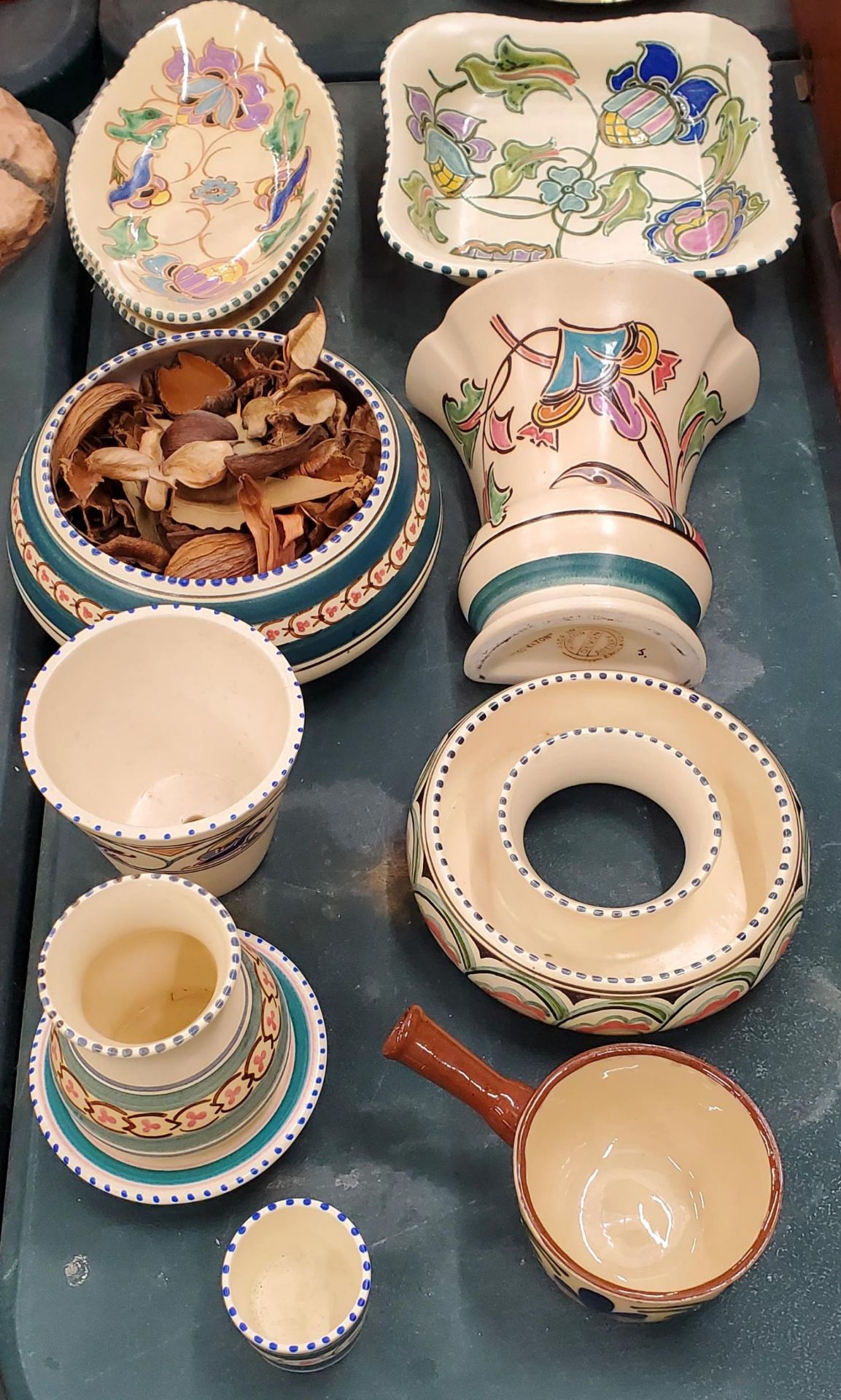 A COLLECTION OF HONITON DEVON POTTERY TO INCLUDE A WALL POCKET, VASES, BOWLS, ETC - 11 PIECES IN