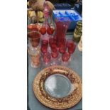 A QUANTITY OF VINTAGE CRANBERRY GLASS TO INCLUDE DECANTERS, VASES, WINE, SHERRY PORT GLASSES, ETC