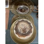 FOUR BRASS WALL PLAQUES PLUS A 'MOZART' DISH