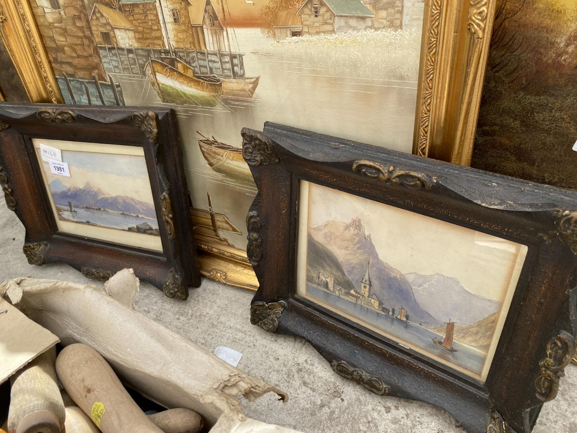 A COLLECTION OF GILT FRAMED PAINTINGS AND PICTURES TO INCLUDE VILLAGE FISHING SCENE ETC - Bild 2 aus 2