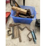 A GROUP OF VINTAGE WOODEN TOOLS, PLANES ETC