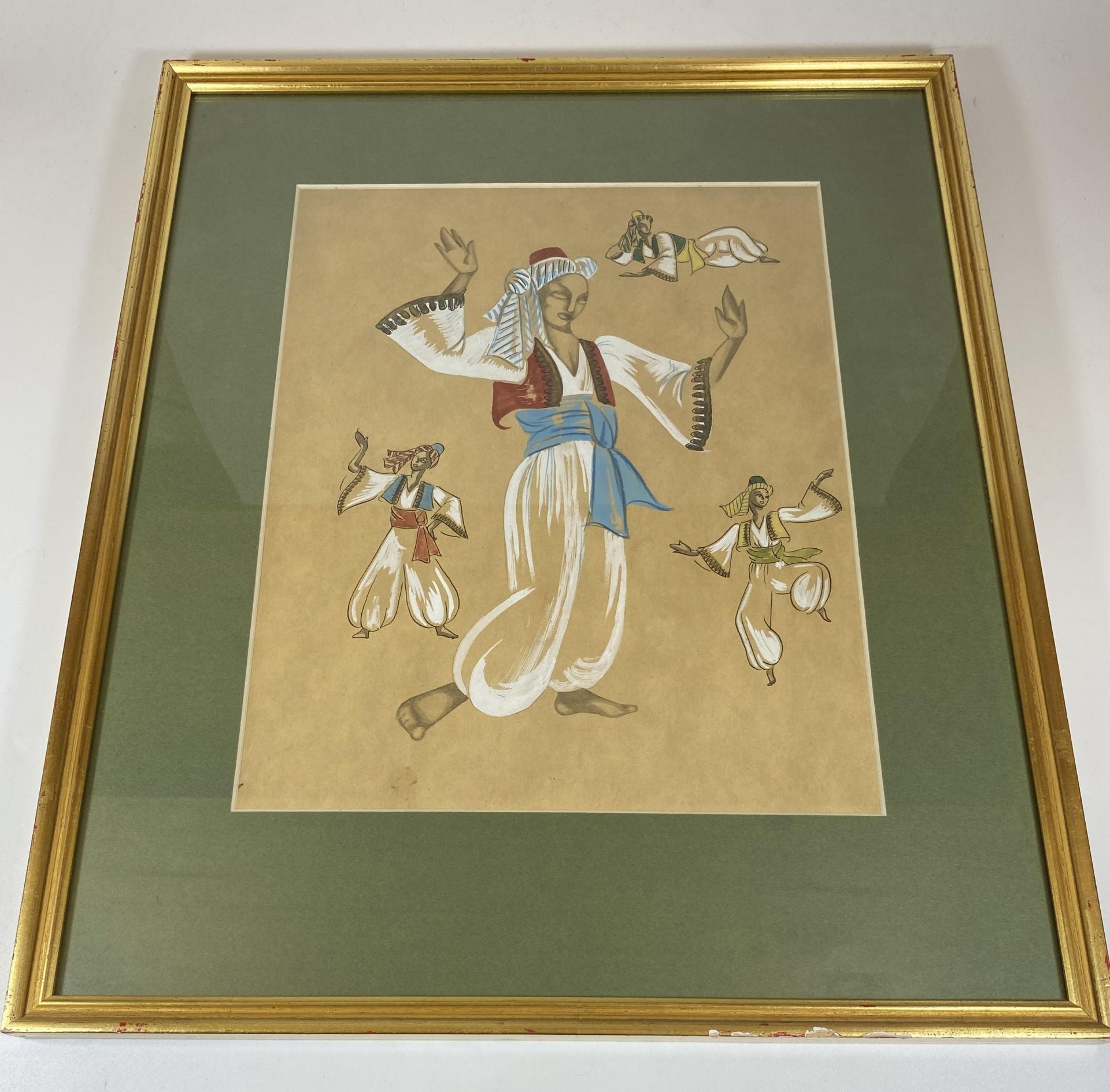 A GILT FRAMED WATERCOLOUR MONTAGE OF A MAN, LABEL TO REVERSE 'MOZART: II SERAGLIO ATTENDANTS,