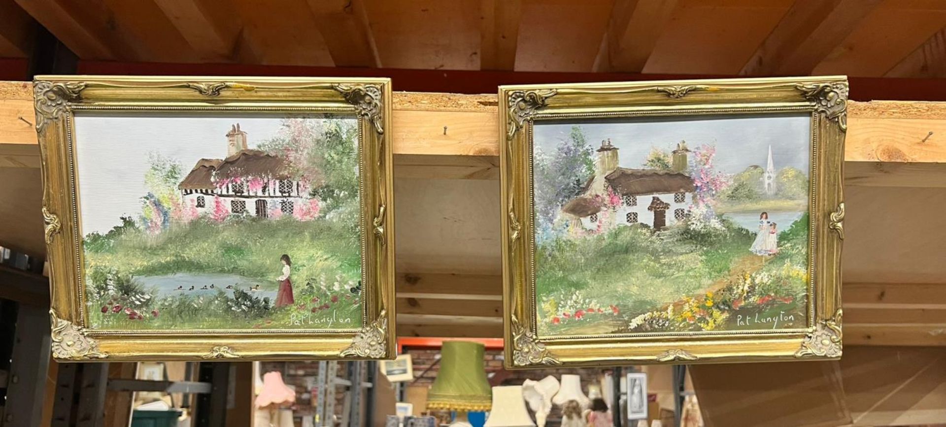 TWO PAT LANGTON SIGNED OILS ON BOARD OF COTTAGE SCENES, ONE WITH A BRIDE AND BRIDESMAID, THE OTHER A