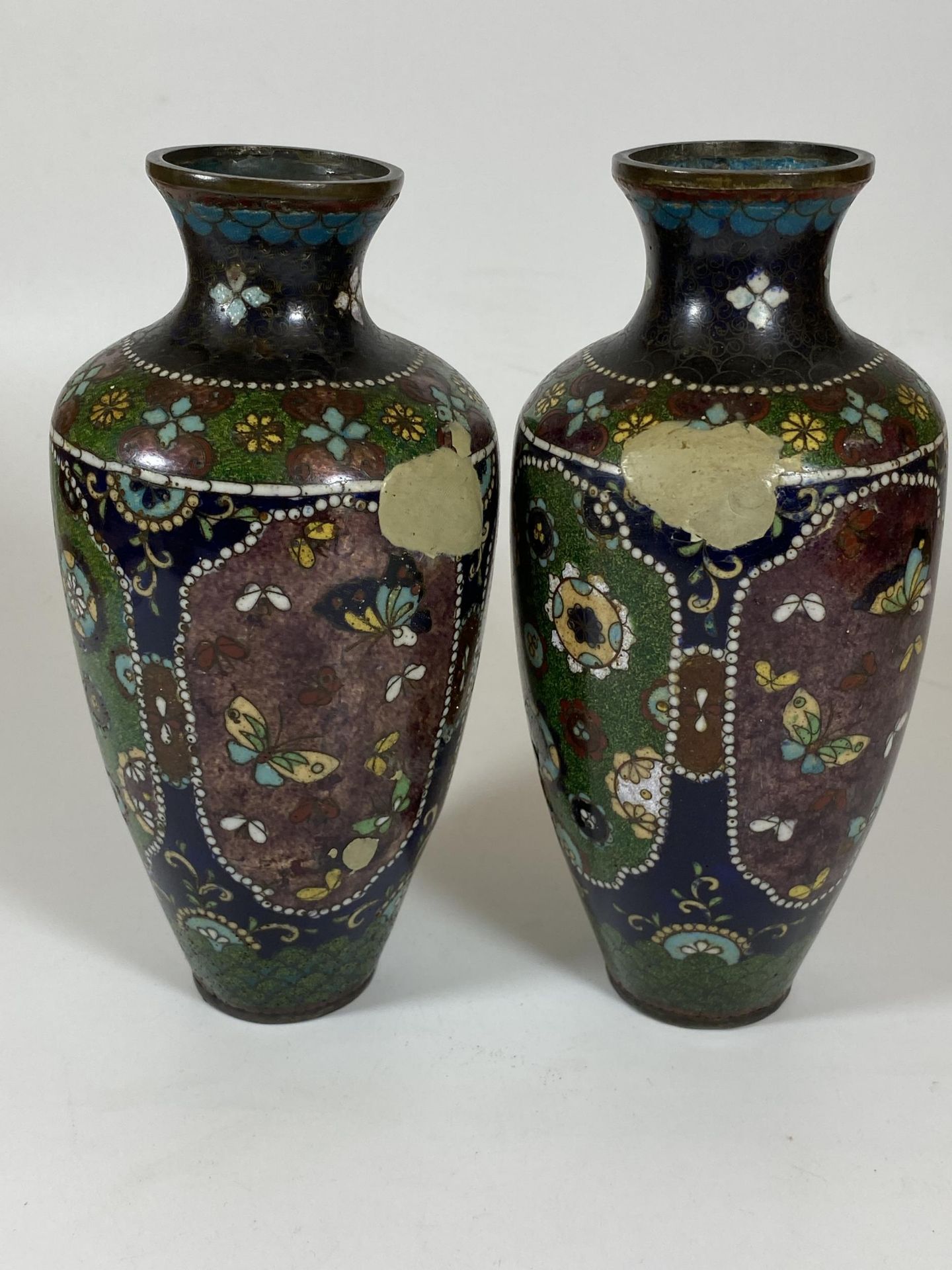 A PAIR OF JAPANESE MEIJI PERIOD (1868-1912) BUTTERFLY DESIGN CLOISONNE VASES, HEIGHT 19CM - Image 2 of 4