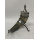 AN UNUSUAL VINTAGE HORN EFFECT AND WHITE METAL MOUNTED DRINKING HORN