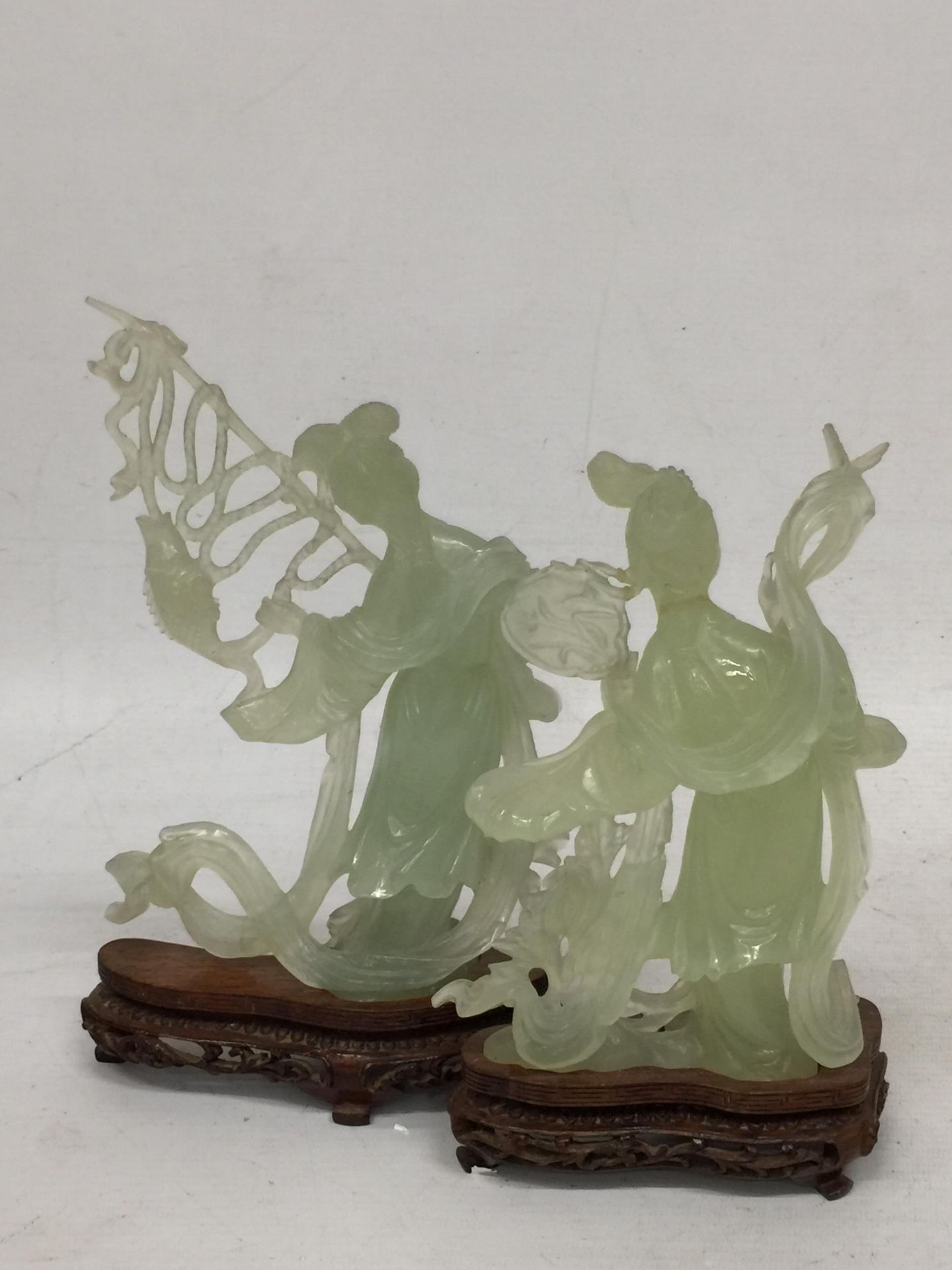 TWO CHINESE JADE TYPE CARVED FIGURES ON STANDS - Image 3 of 3