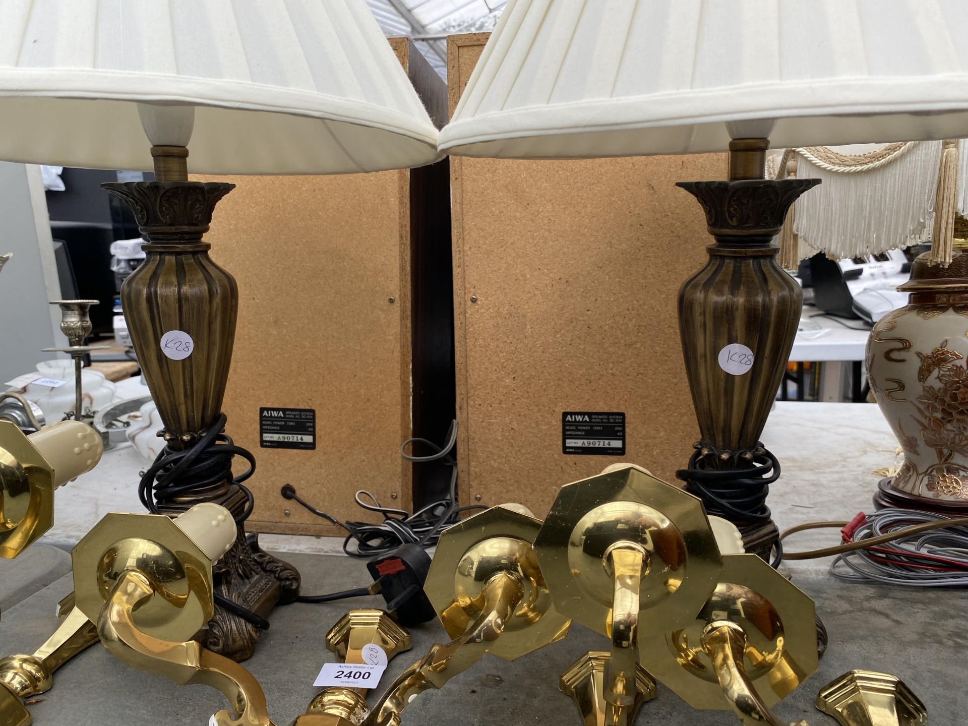 TWO TABLE LAMPS WITH CREAM SHADES TOGETHER WITH FOUR BRASS WALL LAMPS - Image 2 of 2