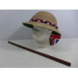 A HAWKE AND CO EARLY 20TH CENTURY PITH HELMET, FRONT TO BACK MEASUREMENT 20CM, 61CM LONG LEATHER