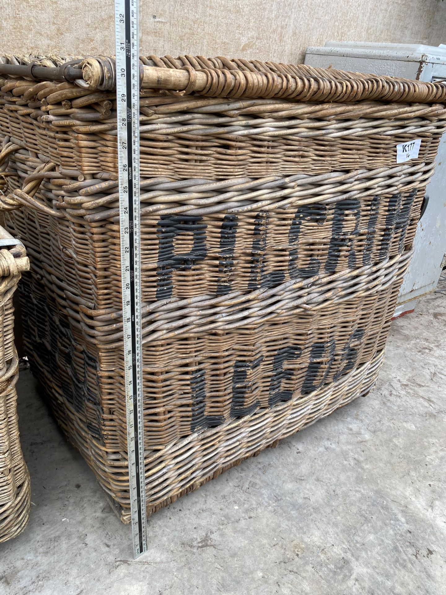 A LARGE ANTIQUE INDUSTRIAL MILL BASKET BASKET WITH HINGED LID AND METAL BANDING BEARING THE LABEL ' - Image 2 of 5