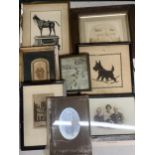 A COLLECTION OF VINTAGE FRAMED ENGRAVINGS, SCOTTY DOG EMBROIDERY ETC