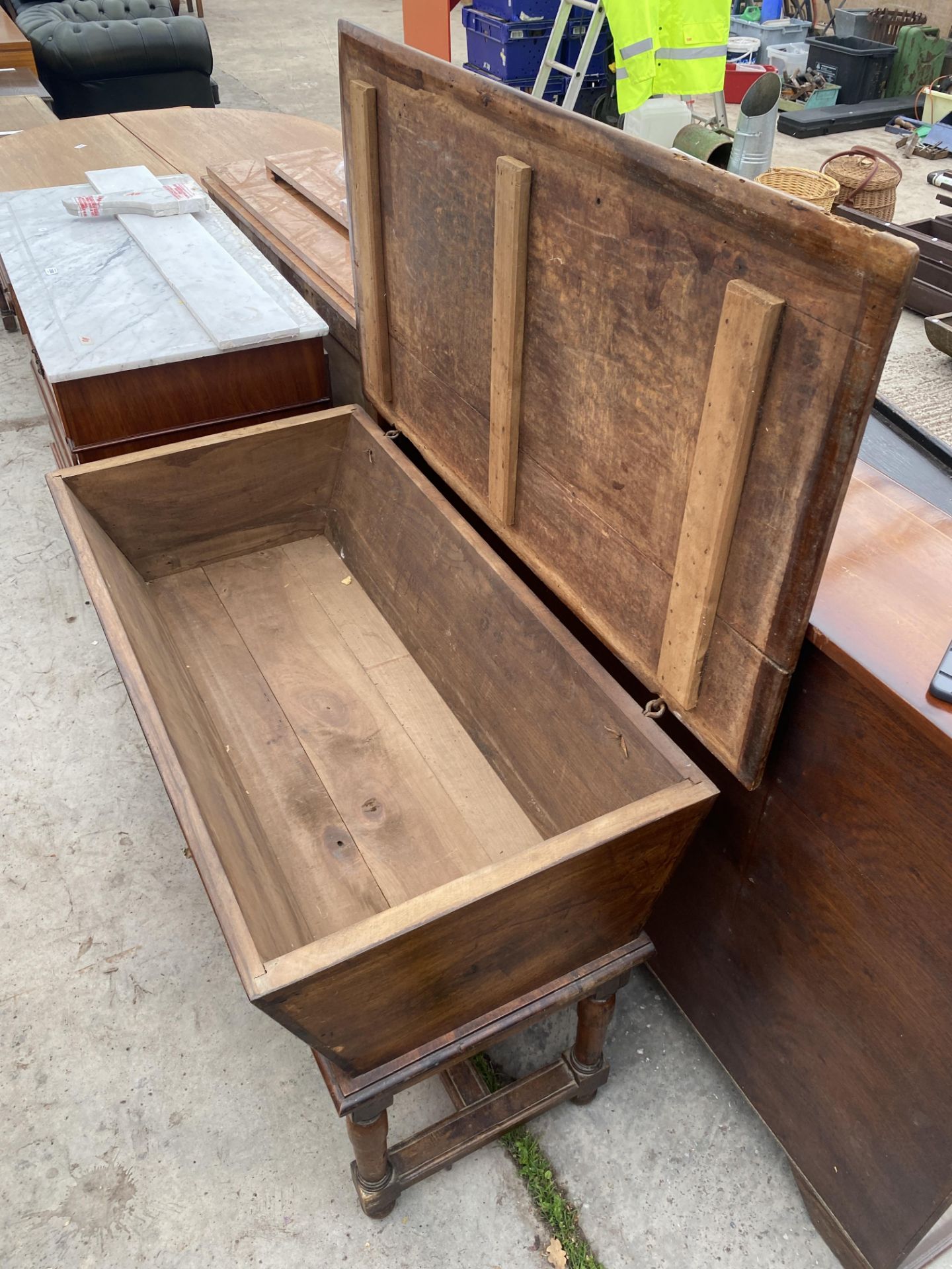 A CONTINENTAL VICTORIAN DOUGH BIN ON OPEN BASE WITH TURNED LEGS, 44X24" - Image 4 of 6