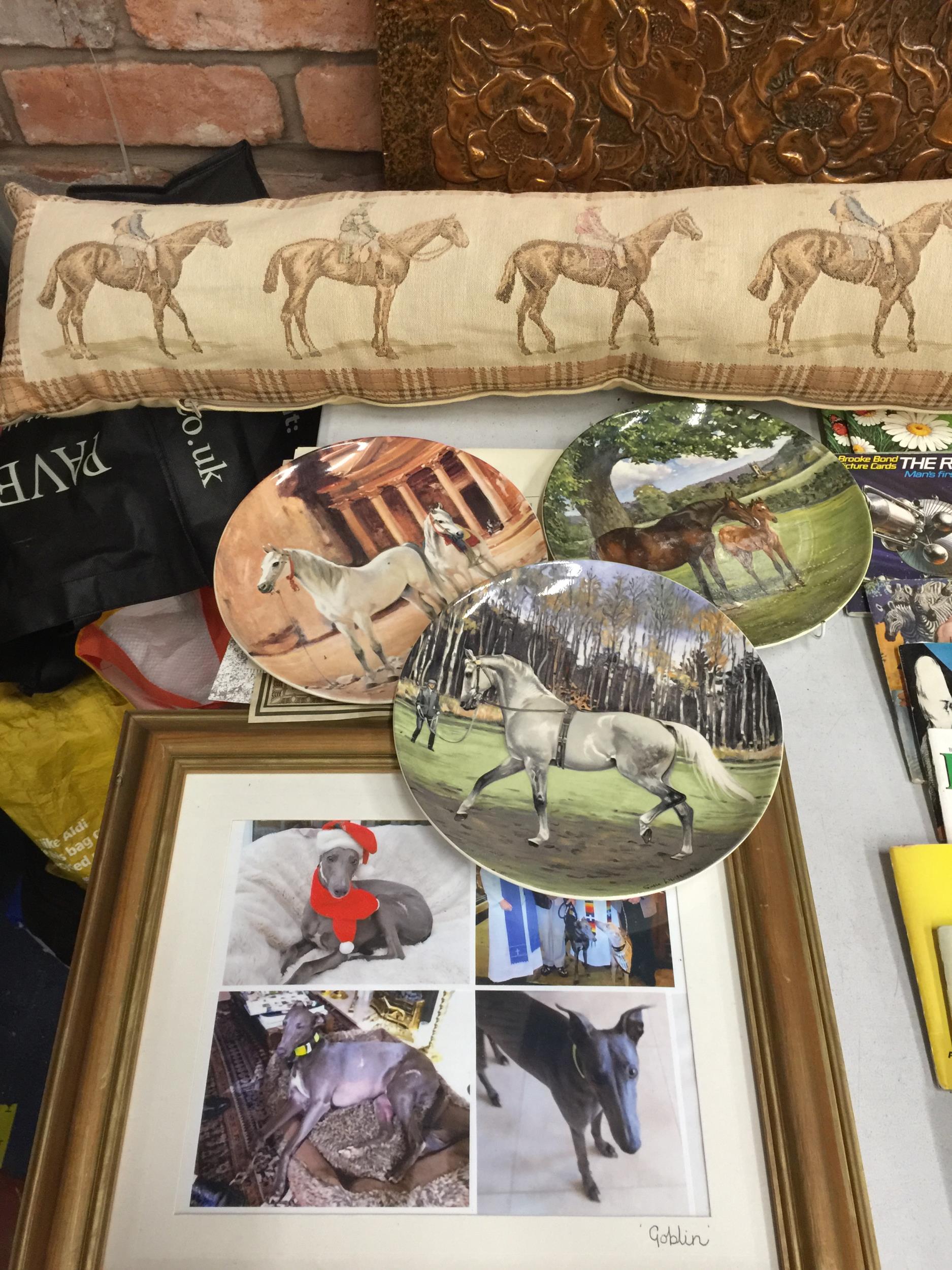 A MIXED LOT TO INCLUDE HORSE RACING CUSHION, PLATES, FRAMED DOG PICTURE ETC