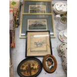 A MIXED LOT OF FRAMED ENGRAVINGS TO INCLUDE PAIR OF HORSE / HUNTING SCENES ETC